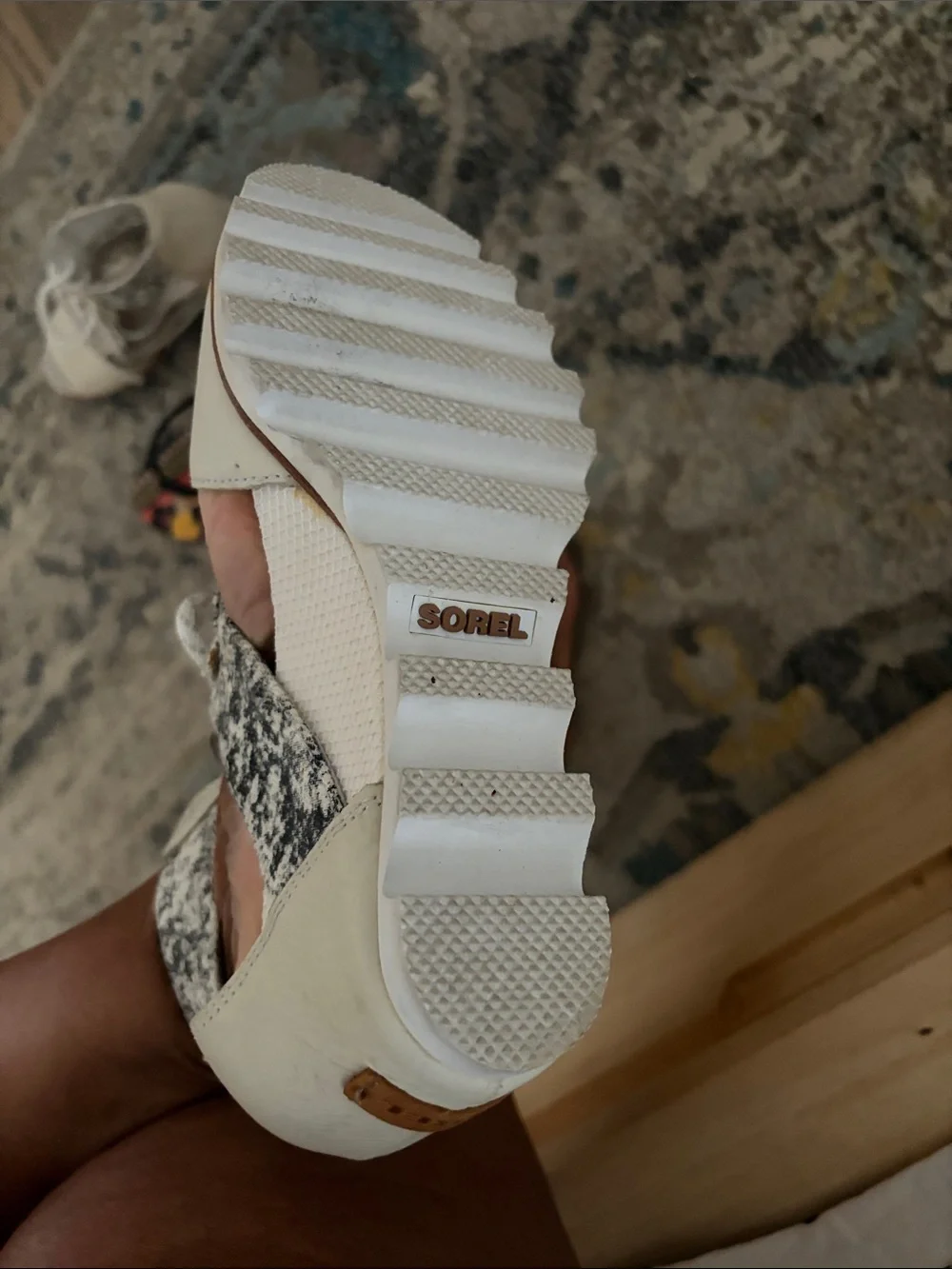 Sorel Cream Leather Wedge Sandals with Tan Logo Patch